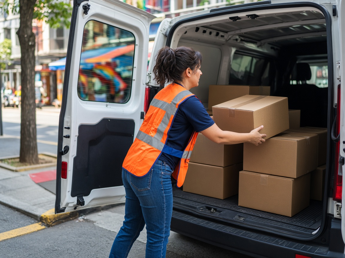 Transporteuse chargeant un carton dans son utilitaire