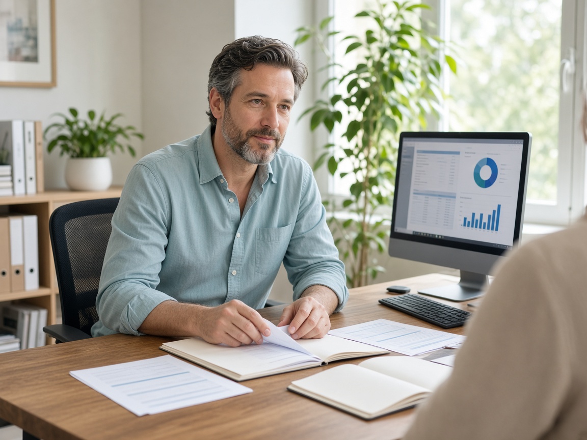 Comptable en rendez-vous client au bureau avec dossiers