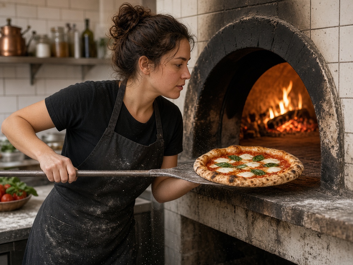 Pizzaiola sortant une pizza du four à bois