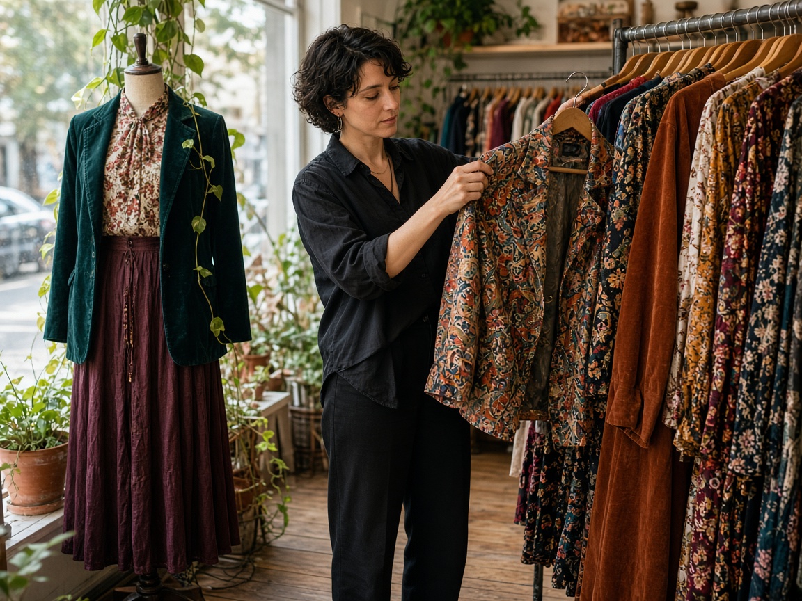 Commerçante rangeant des vêtements vintage en boutique
